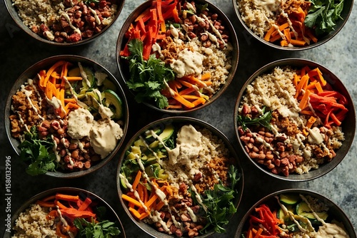 Colorful Buddha Bowl Collection Arranged In Geometric Pattern From Above