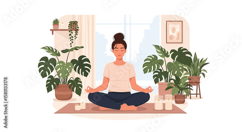 Woman Meditating in Room with Many Plants Urban Jungle