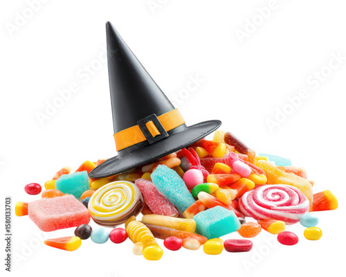 Witch hat candy colorful sweet Halloween isolated sugar treat festive playful joyful photo object celebration pile assorted confectionery fun decoration fantasy magical party autumn seasonal trick
