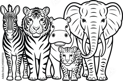 African Safari Animals Zebra, Tiger, Elephant, Hippo, Leopard Coloring Page