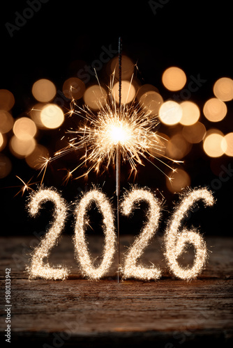 Sparkler illuminating the number 2026 on a wooden surface with a bokeh background during new year celebration.
