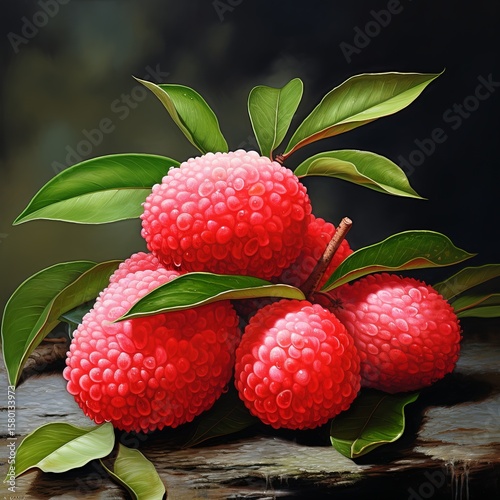 Delicious Lychee Still Life A Vibrant Composition of Tropical Fruit and Lush Green Leaves