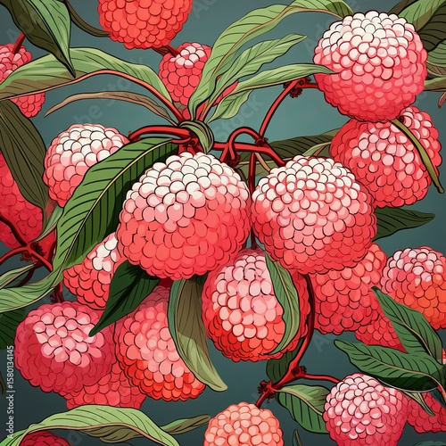 Tropical Lychee Fruit Pattern Vibrant Pink Fruits and Lush Green Leaves