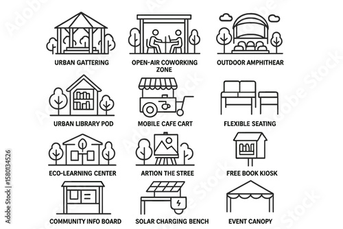 Community urban spaces icons set featuring structures and amenities