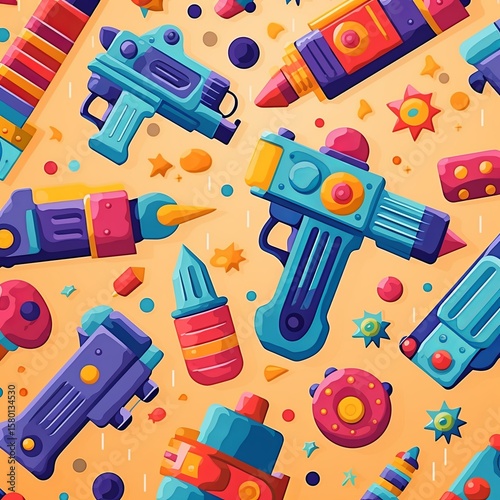 Retro Toy Gun Pattern, Colorful Sci-Fi Blasters on Light Orange Background, Nostalgic Design