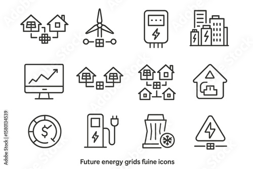 Futuristic energy grid icons featuring renewable power and smart technology