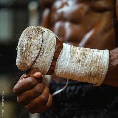 A boxer’s hands are tightly wrapped in white bandages, glistening with sweat, as they prepare for a match in the ring, symbolizing strength, focus, and readiness for competition