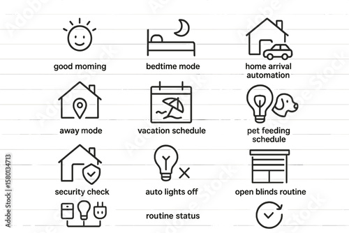 Smart home icons: automation, security, lighting, routine, and scheduling