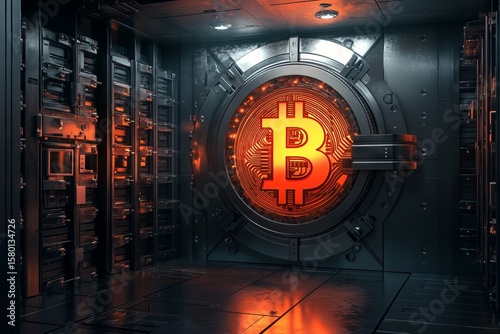 Digital Finance Security: Bitcoin Logo on Gold Safe Deposit Box