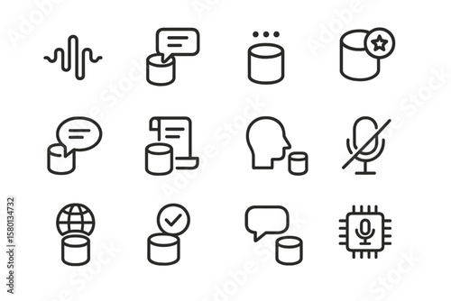 Abstract icon set featuring data storage and communication symbols