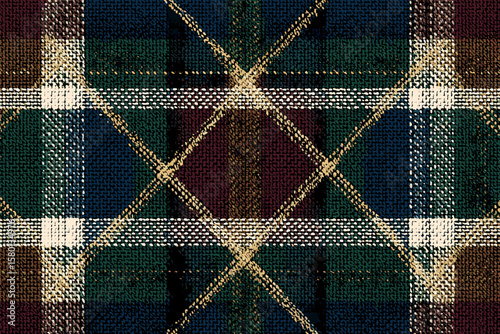 Seamless Pattern – Traditional Southdown Tartan Plaid in Forest Green, Navy, Burgundy, and Cream with Woven Wool Texture for Warm, Heritage-Inspired Premium Textile Designs 