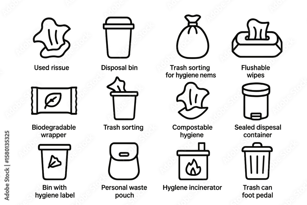 Various hygiene and waste disposal icons for efficient trash management Various hygiene and waste disposal icons for efficient trash management