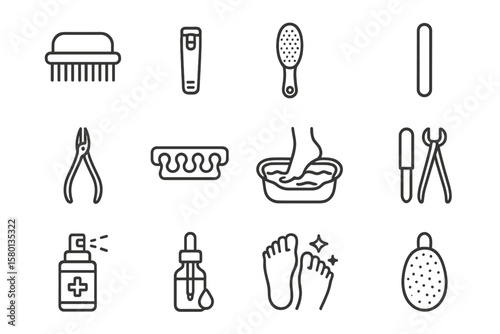 Foot and nail care icons set: grooming tools for pedicure and manicure