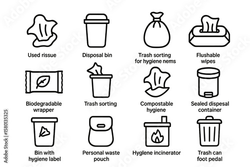 Various hygiene and waste disposal icons for efficient trash management