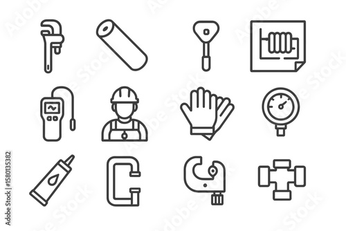 Plumbing and maintenance tools icons on dark background