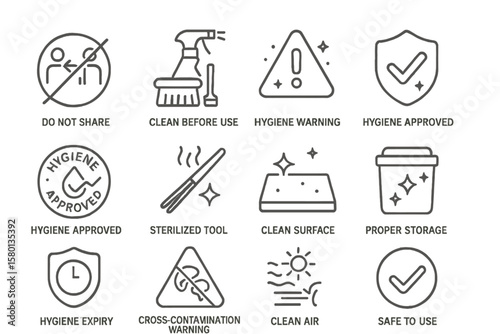 Hygiene and safety icons for cleaning and sterilization guidelines