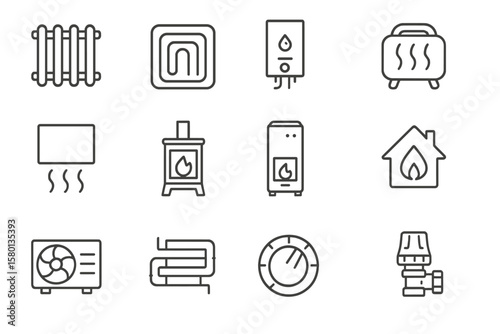 Home heating icons set: boiler, radiator, thermostat, hot water systems