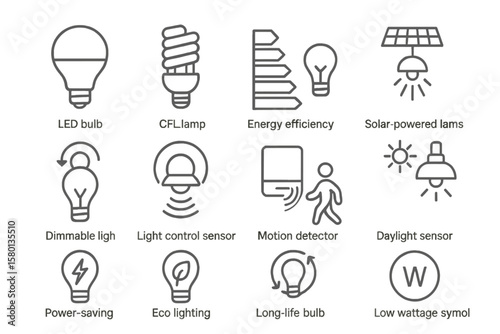 Energy-efficient lighting icons: led, solar, sensor, power-saving, eco lighting