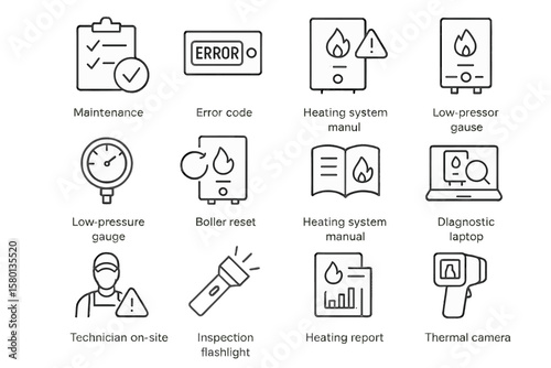 Heating system maintenance icons: error, pressure gauge, manual, technician