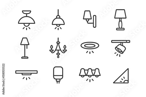Set of black line icons of various indoor lighting fixtures
