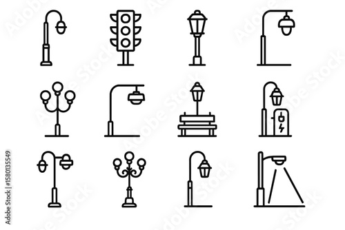 Streetlight and traffic light icon set on gradient background