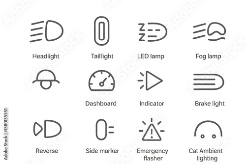 Vehicle dashboard icons for lights and indicators overview