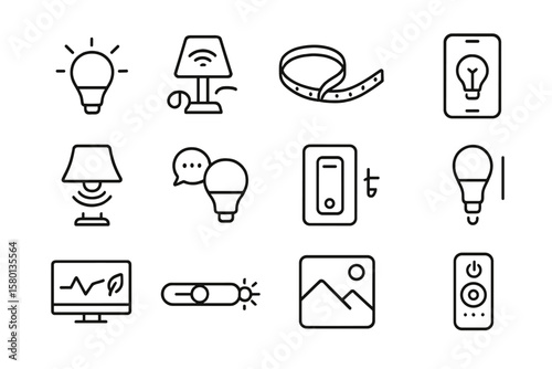 Smart home icon set featuring light bulb, lamps, and remote control symbols