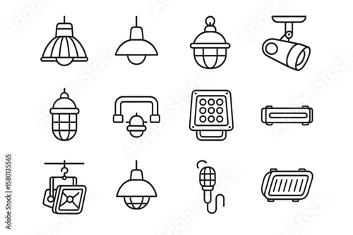 Set of various outline light fixture icons on dark background