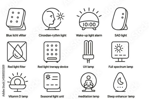 Minimalist icon set displaying various lamps and light therapy devices