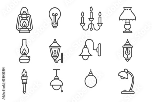 Variety of vintage and modern light fixtures on dark background