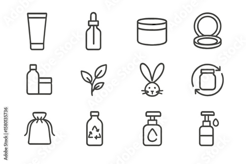 Minimalist icons of eco-friendly skincare and beauty products