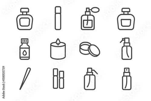 Minimalist cosmetic icons set on dark background featuring various beauty items