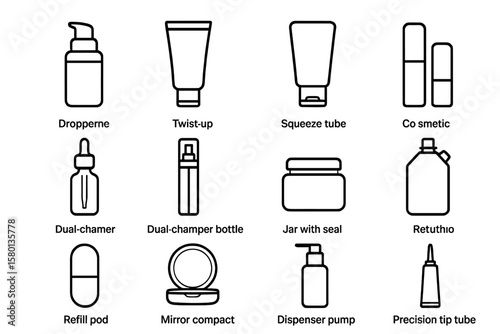 Outline icons of cosmetic and skincare product containers and dispensers