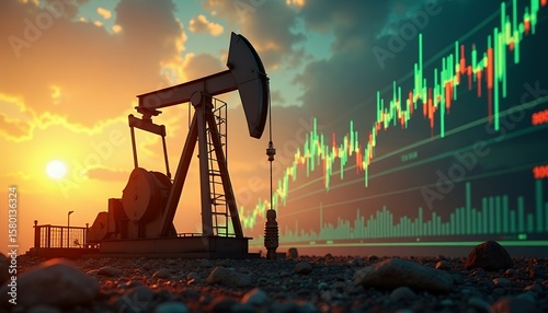 Oil Pump and Stock Market Graph at Sunset