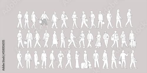 Flat silhouette business people walking, casual and formal office characters, white vector illustrations, urban lifestyle poses, crowd movement, minimal line drawing design