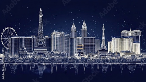 Las Vegas Skyline Silhouette in a Stylish Pen Line Drawing with Famous Hotels, Casinos, and Attractions 