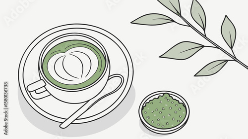 Delicious matcha latte art drink with green powder and leaves vector illustration for cafe menu design