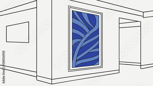 Abstract blue wave art painting interior design wall decor room scene modern home decoration illustration
