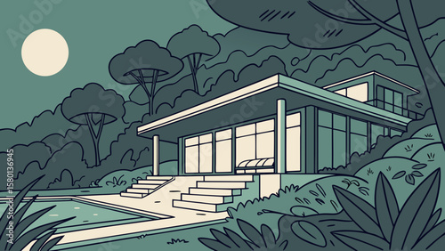 Modern house design with pool and nature landscape architecture illustration for real estate and home decor