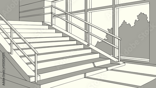 Illustration of staircase with metal railing and large window providing natural light architectural design