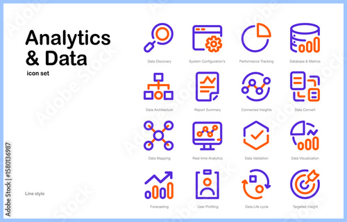 Vector minimal  line style Icon set of  data, analysis, dashboard report, big data, database for presentation or dashboard use