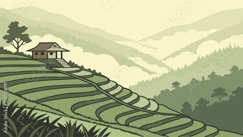 Scenic rice terraces landscape illustration with house and mountains for travel and tourism designs
