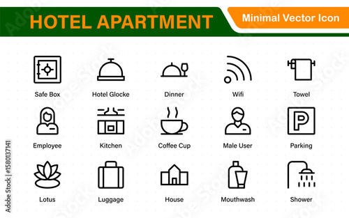 Hotel apartment icons set. Rental property icons. Set of hotel booking, five-star hotel, service line vector web icon.Hotel universal set with Building, Parking,  Meal, Air conditioner.