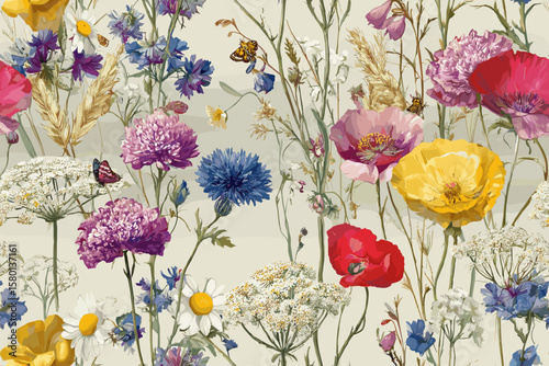 Seamless Pattern – Ultra-HD Watercolor Meadow with Wildflowers, Native Bees, Monarchs, and Hidden Nests in Cadmium Yellow, Cobalt Violet, Sap Green, and Warm Umber for Luxury Textil