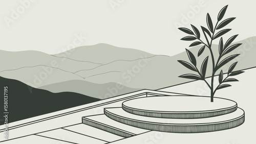 Minimalist landscape illustration of a tree on a platform with mountains in the background design art