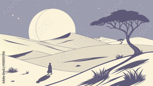Desert landscape illustration with dunes, moon, and lone figure walking under the moonlight scene art