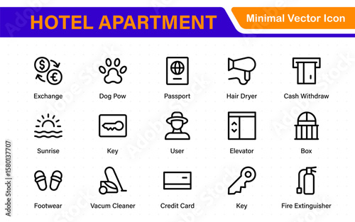 Hotel apartment icons set. Rental property icons. Set of hotel booking, five-star hotel, service line vector web icon.Hotel universal set with Building, Parking,  Meal, Air conditioner.