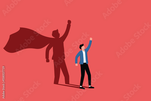 Businessman dreams of becoming a superhero. Confident handsome young man standing superhero shadow concept illustration.