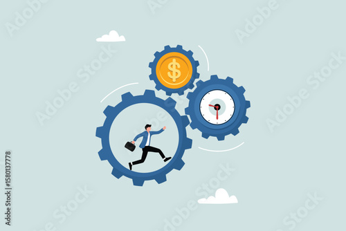 Effort and time to make money, successful long-term investment, entrepreneurs running with full effort in the gears to turn the wheel of time and money.