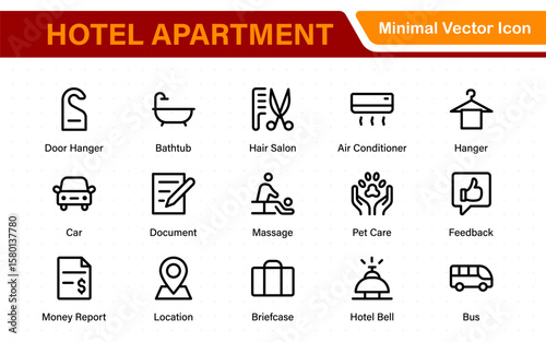 Hotel apartment icons set. Rental property icons. Set of hotel booking, five-star hotel, service line vector web icon.Hotel universal set with Building, Parking,  Meal, Air conditioner.